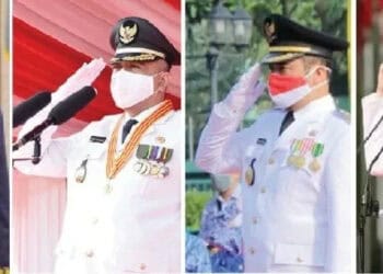 APEL HUT KEMERDEKAAN RI: Walikota Tangsel Airin Rachmi Diany, Walikota Tangerang Arief R Wismansyah, Bupati Tangerang Zaki Iskandar dan Gubernur Banten Wahidin Halim saat apel HUT Kemerdekaan RI ke-75 di wilayahnya masing-masing, Senin (17/8). (ISTIMEWA)