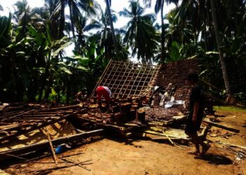 AMBRUK–Diduga akibat material rumah yang sudah rapuh, sebuah rumah semi permanen milik Ade Sarkim (42), warga Kampung Citapis Hilir, Desa Mekarsari, Kecamatan Panimbang, Kabupaten Pandeglang, ambruk, Sabtu (18/9/2021). (ISTIMEWA)