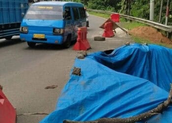 Kondisi Jalan Raya Saketi – Labuan, tergerus longsor. Hanya ditutupi terpal warna biru, dan hingga saat ini belum diperbaiki, Minggu (20/2/2022). (NIPAL SUTIANA/SATELITNEWS.ID)