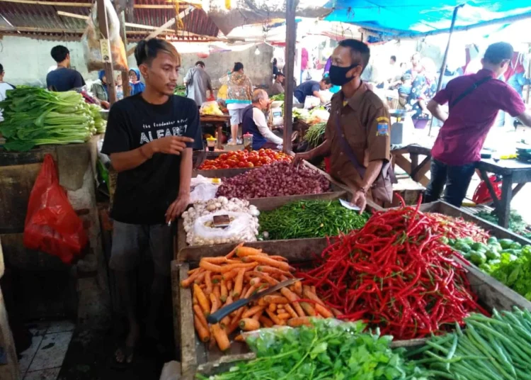 Petugas Diskoumperindag Kabupaten Serang, melakukan pemantauan harga kebutuhan pokok di pasar, Rabu (8/6/2022).(ISTIMEWA)