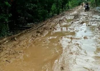 Kondisi Jalan di wilayah Desa Curug, Kecamatan Cibaliung yang hingga saat ini masih tanah. (ISTIMEWA)