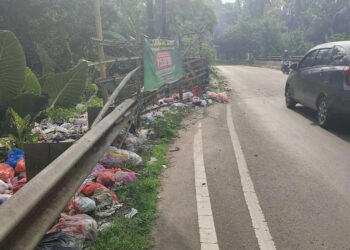 Sampah menumpuk dipinggir jalan, tepatnya di sekitaran jembatan Bama, Desa Bama, Kecamatan Pagelaran, Kabupaten Pandeglang, Minggu (28/8/2022). (NIPAL SUTIANA/SATELITNEWS.ID)