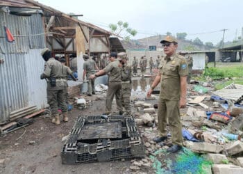 Personel Dinas Satuan Polisi Pamong Praja (Satpol PP) Kabupaten Serang, kembali menertibkan bangunan liar di Kecamatan Bojonegara, Selasa (8/11/2022). Tanah yang digunakan tersebut, rencananya akan dikelola oleh Badan Usaha Milik Daerah (BUMD) Kabupaten Serang. (SIDIK/SATELITNEWS.COM)