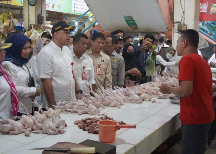 MENGECEK: Bupati Tangerang Ahmed Zaki Iskandar terlihat sedang melakukan pengecekan stok dan harga ayam di Pasar Kelapa Dua, Jumat (23/12). (ALFIAN HERIANTO)