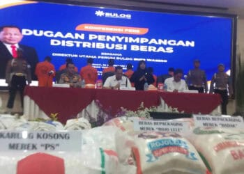 Polda Banten ekspos kasus dugaan penyimpangan distribusi beras, Jumat (10/2/2023). (LUTHFI/SATELITNEWS.COM)