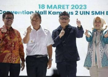 KICK OFF KKPD QRIS–Acara Kick Off KKPD QRIS Provinsi Banten serta Grand Launching Jawara Mobile Banking Bank Banten, dalam Digiwara Funfest Launching Kalender Event Pariwisata 2023, di Auditorium UIN SMH Banten Kampus II, Jl. Syech Nawawi Al Bantani, Palima, Kota Serang, Sabtu (18/3/2023) malam. (ISTIMEWA)