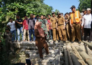 TINJAU JEMBATAN AMBRUK - Bupati Irna bersama jajarannya, meninjau kondisi jembatan ambruk di Desa Tanjungan, Kecamatan Cikeusik, Senin (15/5/2023). (ISTIMEWA)