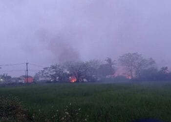 ASAP: Situasi di Kampung Cimbau Impres, Desa Sindang Jaya, Kecamatan Sindang Jaya, Minggu (7/5). Terlihat asap dari bakaran limbah menyelimuti udara di kampung tersebut bagaikan kabut. (ISTIMEWA)