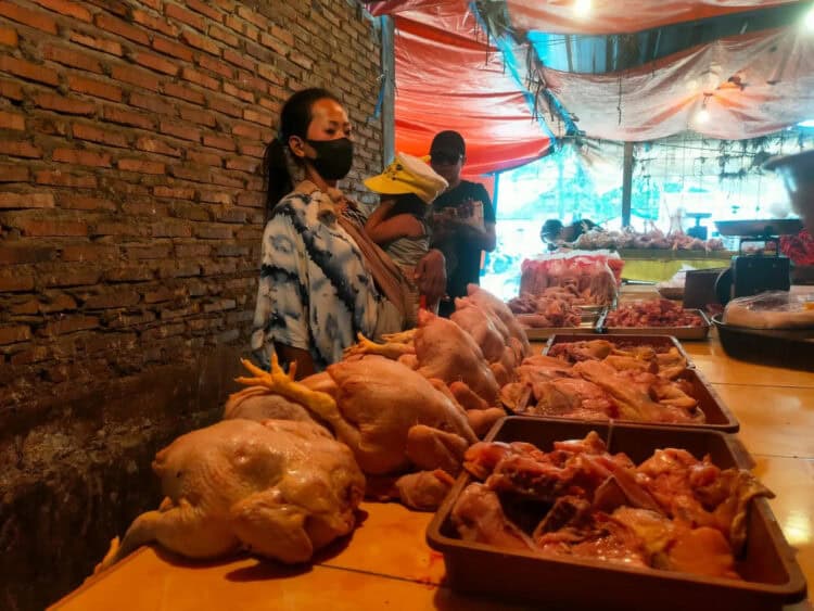 Pedagang daging ayam potong di Pasar Tradisional Kabupaten Serang, sedang menjajakan dagangannya. (ISTIMEWA)