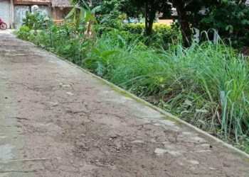 BERALIH FUNGSI–Jalur kereta api Rangkasbitung – Labuan, di Kampung Pakalongan, Kelurahan Kadomas, Kecamatan Pandeglang, beralih fungsi, Minggu (9/7/2023). Lokasi stasiun Pandeglang itu, kini didirikan bangunan oleh masyarakat. Sedangkan jalur kereta api yang ada, kini menjadi jalan lingkungan. (FAHRIE/SATELITNEWS.COM)