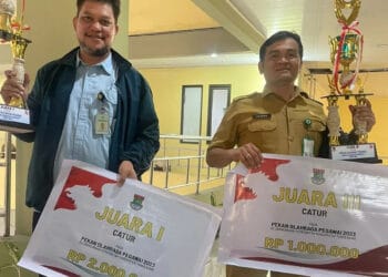 JUARA: Hendra pegawai DPMPTSP Kabupaten Tangerang saat foto bersama para juara lomba catur di Pekan Olahraga Pegawai Tingkat Kabupaten Tangerang tahun 2023 di kantor Disporabudpar Kabupaten Tangerang, Selasa (8/8/2023). (ISTIMEWA)