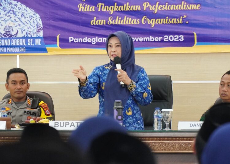 Bupati Pandeglang Irna Narulita, menyampaikan sambutan di acara Mukab Korpri, di Aula Pendopo Bupati setempat, Selasa (21/11/2023). (ISTIMEWA)