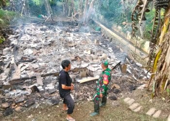 Anggota Tagana dan personel TNI, meninjau lokasi kebakaran di Kecamatan Majasari, Kabupaten Pandeglang, beberapa waktu lalu.