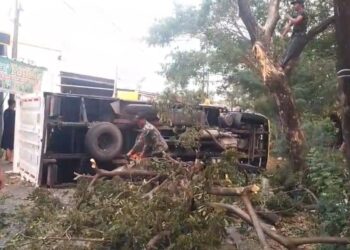 Tersangkut Pohon, Mobil Pengantar Paket “Rebah” di Jalan Irigasi Cipondoh