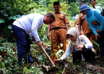 MENANAM POHON DURIAN : Gubernur Banten Andra Soni (memegang pacul), didampingi Bupati Pandeglang Raden Dewi Setiani, menanam bibit pohon durian di kawasan Curug Cimanggung, Kecamatan Carita, Kabupaten Pandeglang. (DOKUMEN/SATELITNEWS.COM)