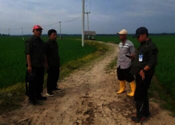 MENINJAU JALAN : Kabid Penyediaan dan Pengembangan Prasarana Pertanian pada Dinas Pertanian Provinsi Banten Saiful Bahri Maimun meninjau lokasi pembangunan JUT. (ISTIMEWA)