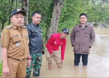 Camat Saketi, Kabupaten Pandeglang, Muhadi, bersama jajarannya, meninjau lokasi banjir. (ISTIMEWA)