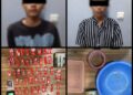 DIAMANKAN - Dua pemuda berinisial MF (21) dan TM (19), diamankan dari sebuah rumah di Kampung Kesampangan, Desa Cigelam, Kecamatan Ciruas, Kabupaten Serang. Keduanya, diduga menjadi pengedar narkotika jenis tembakau sintetis. (ISTIMEWA)